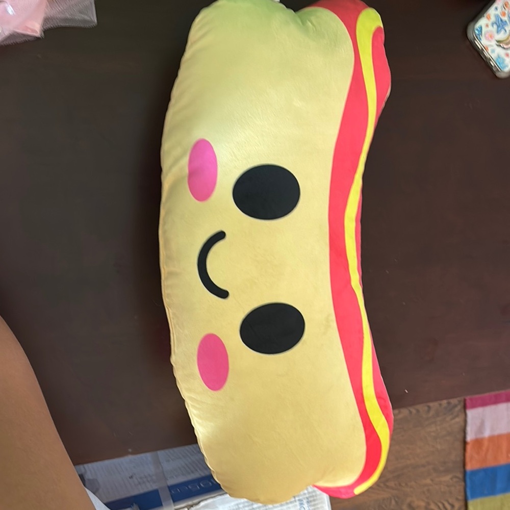 Smiley Hot Dog Pillow - Yellow and Pink
